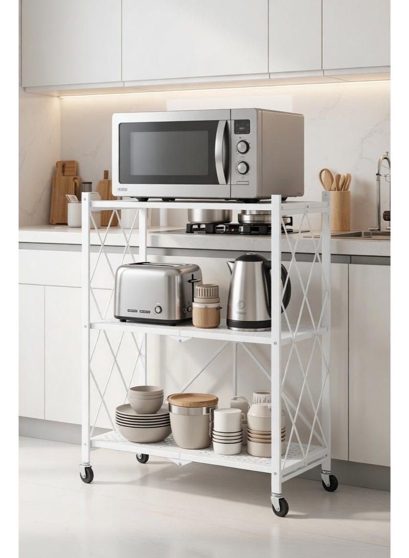 Raqi 3-Tier Rolling Storage Rack with Wheels – Heavy-Duty Metal Shelving Unit for Kitchen, Garage & Storage Room – Practical White Design - Image 5